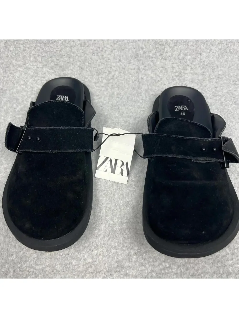 Zara Womens Suede Leather Slip On Clogs Buckled 38 Eur/ 7 US Black Minimalist